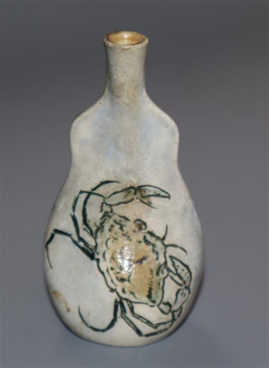 A Martin Brothers miniature vase of pinched flask form, incised with crabs, signed to base (damaged and repaired) height 8cm